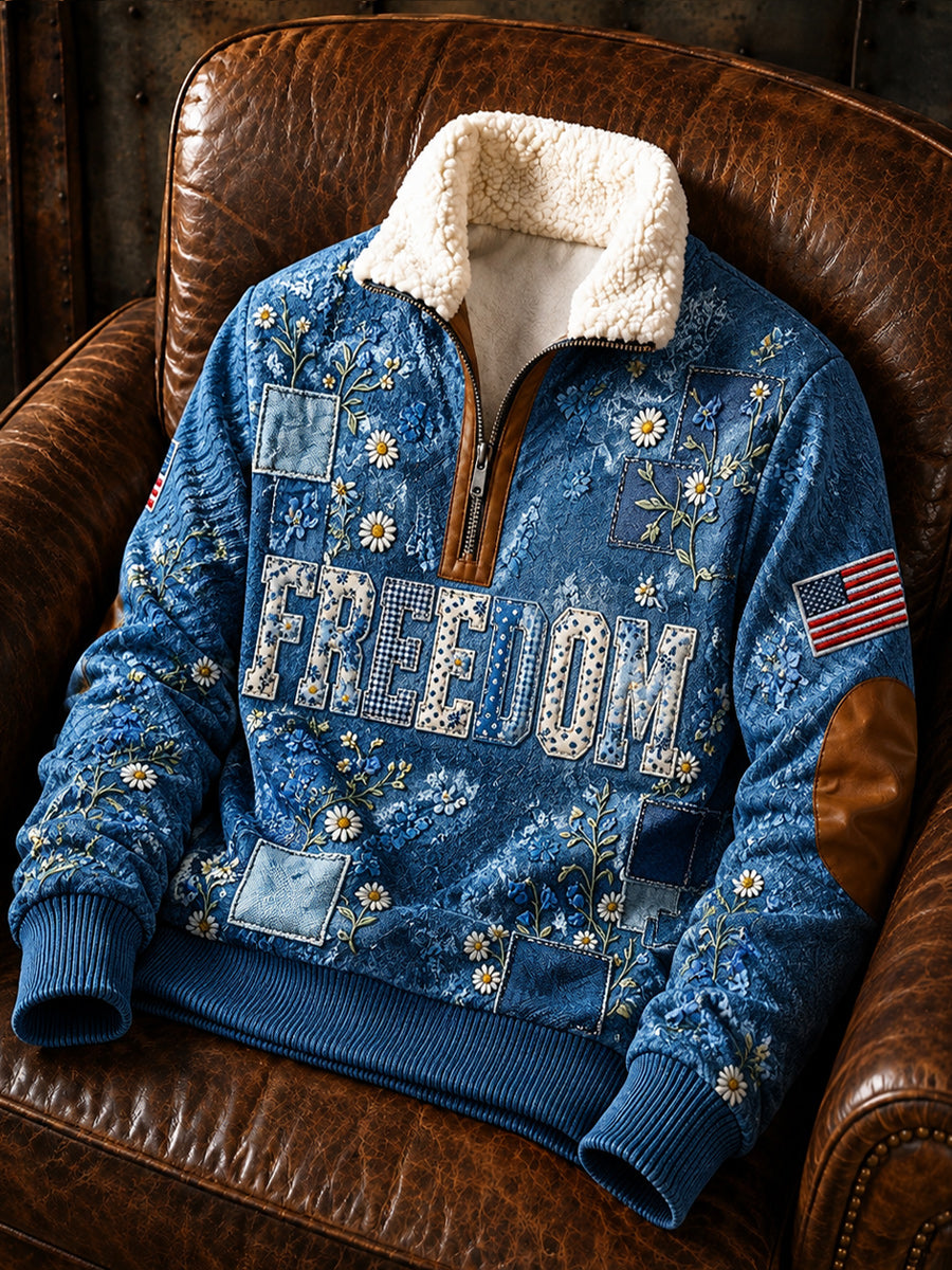 Men's Retro Style Art Print Jacquard Fabric Zipper Fur Collar Long Sleeve Sweatshirt